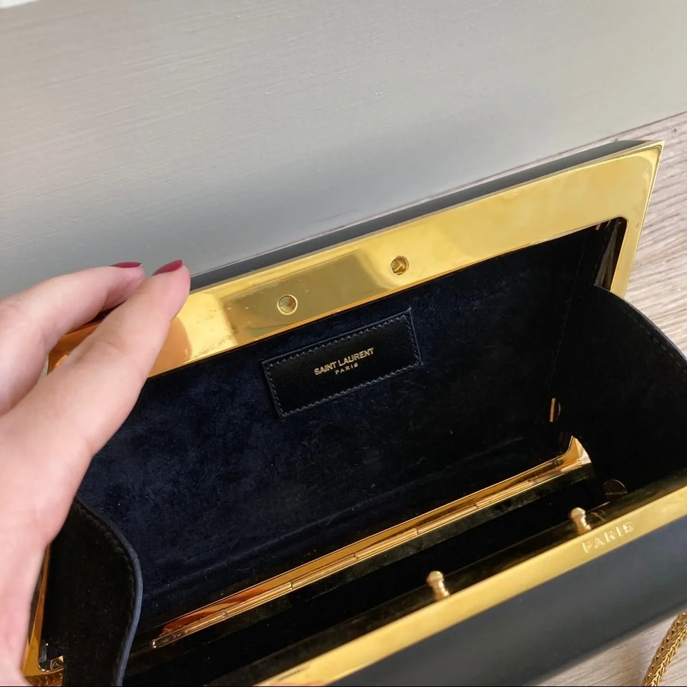 Saint Laurent Diagonal Leather Minaudière Clutch Black Gold - Picture 13 of 16